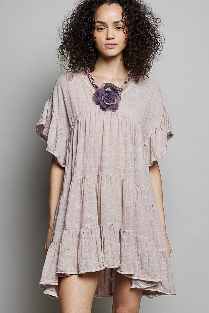 POL Boho Tiered Gauze Cotton Ruffle Flutter Sleeve Mini Dress